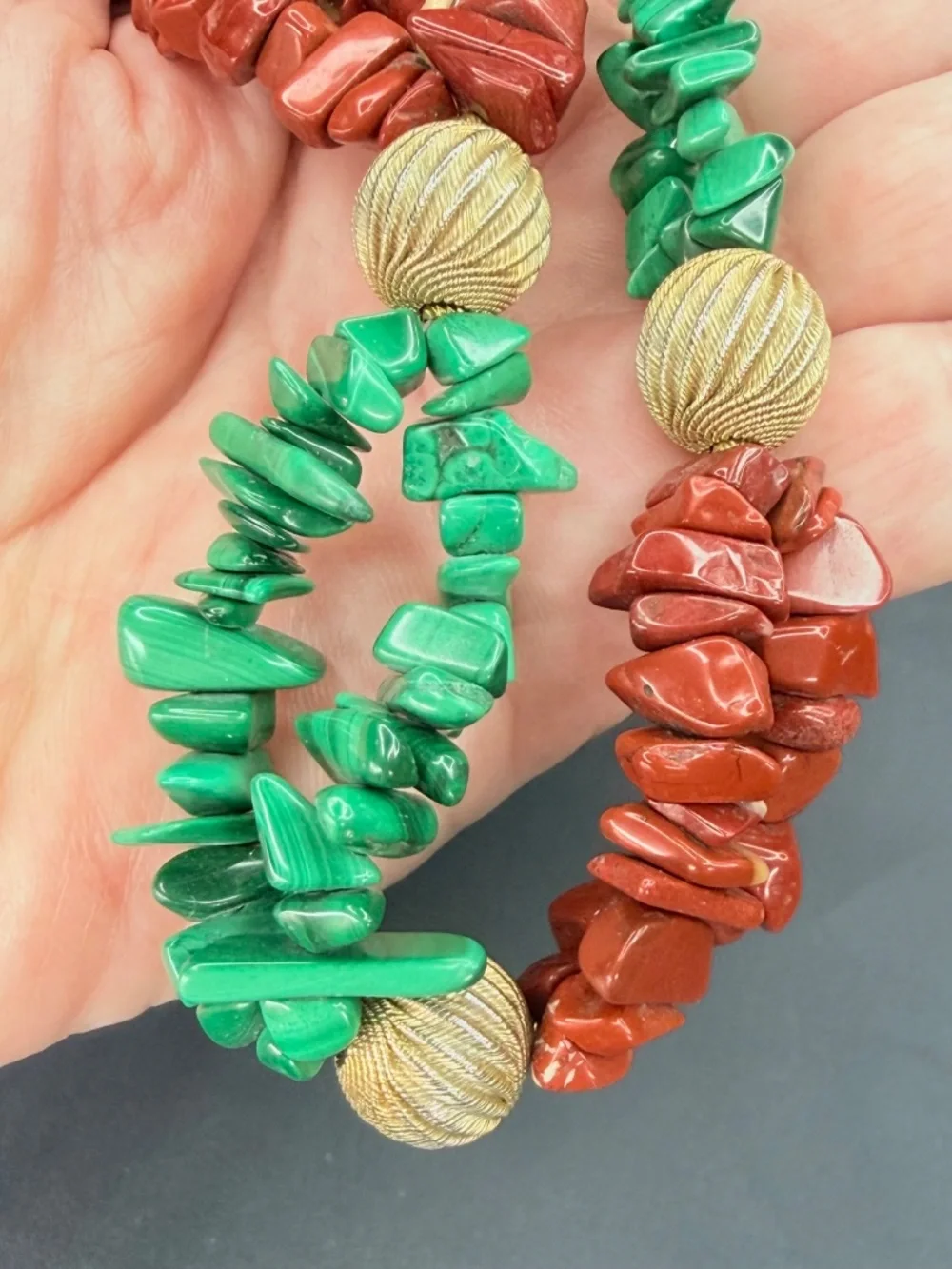 Vintage Malachite Artisan Necklace Red Jasper Chip Bead Double-Strand, Gold-tone